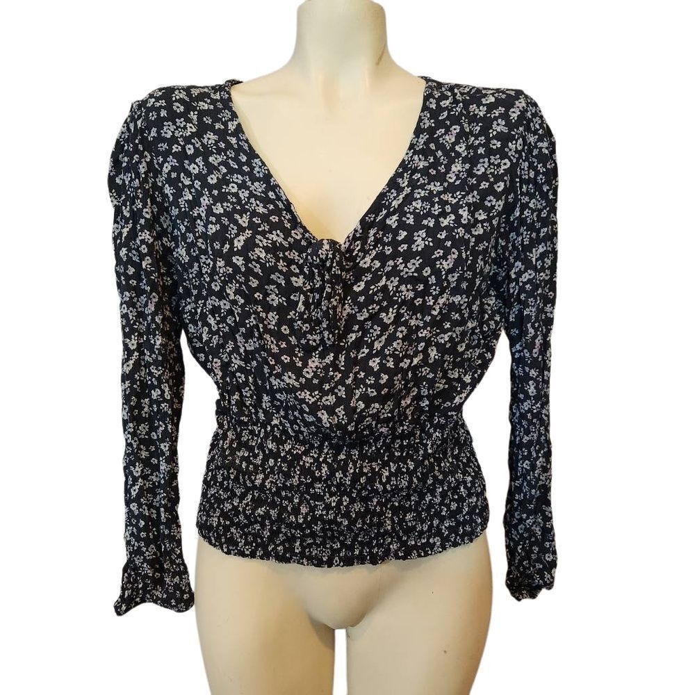 Maurices Black and‎ White Puff Sleeve Blouse with Ruched Tie Front